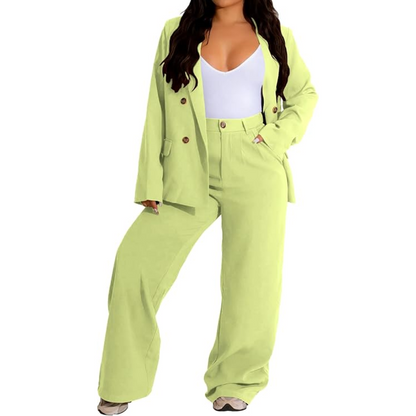 Wide leg trousers for women's two-piece business suit. Comfortable, elegant professional wear.