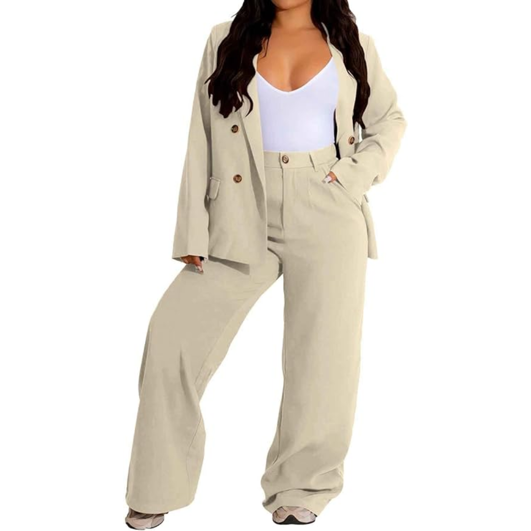 Elegant women's two-piece business suit with blazer & wide leg pants. Formal office fashion.