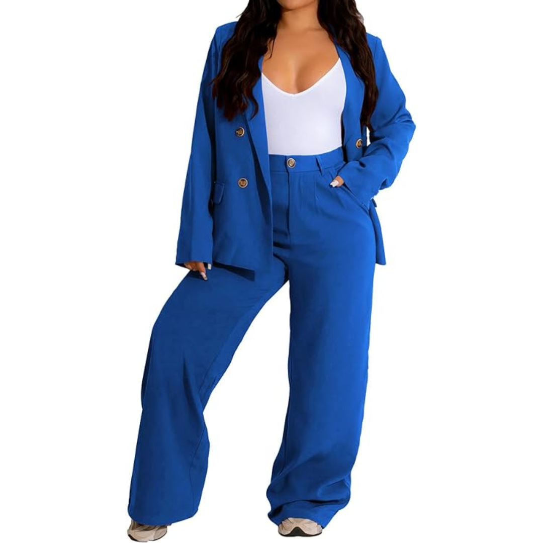 Power suit for women: elegant blazer and wide leg trousers. Professional business attire, office fashion.