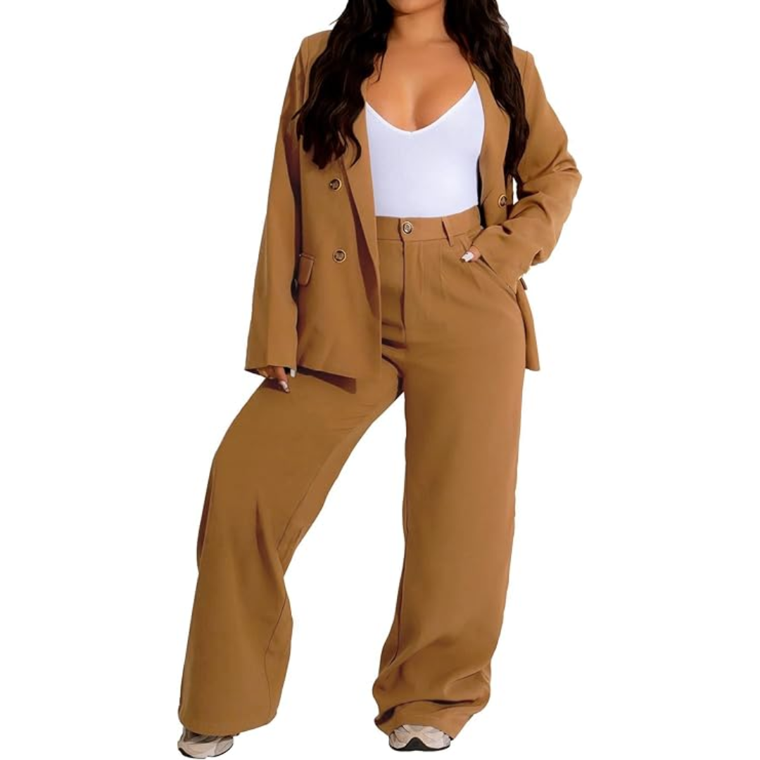 Matching two-piece set: women's blazer & wide leg trousers. Chic business suit for professional wear.