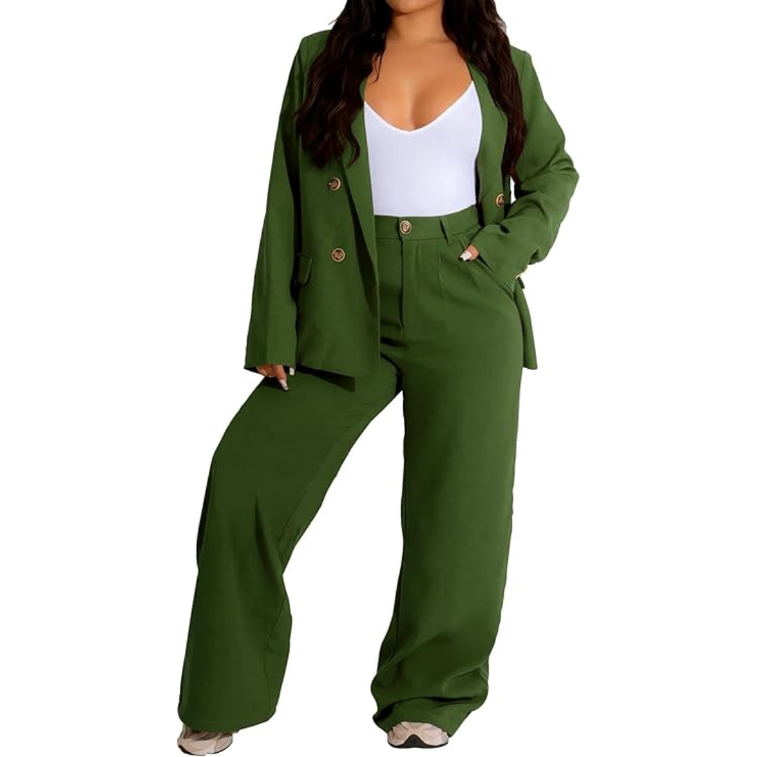 Professional women's business suit. Stylish blazer & wide leg pants for a polished office look.