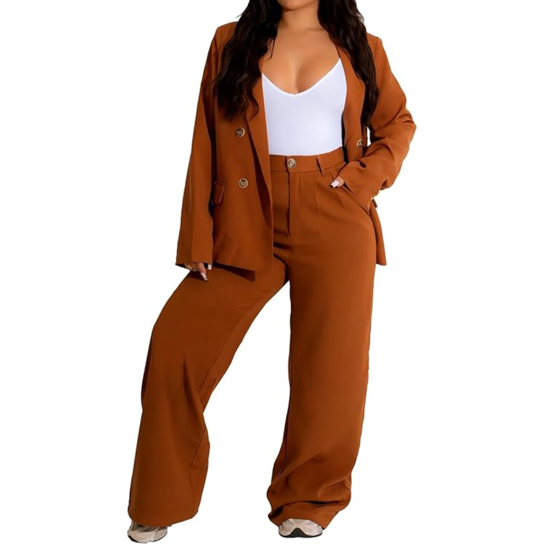 Formal women's two-piece suit with an elegant blazer & wide leg trousers. Perfect for business.