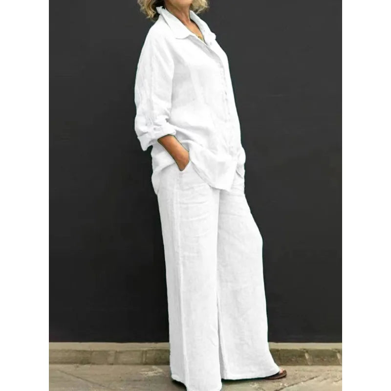 Relaxed fit women's button-up shirt and wide-leg pants set for comfortable spring style, a coordinated outfit.