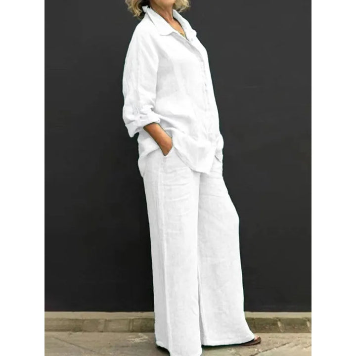 Relaxed fit women's button-up shirt and wide-leg pants set for comfortable spring style, a coordinated outfit.