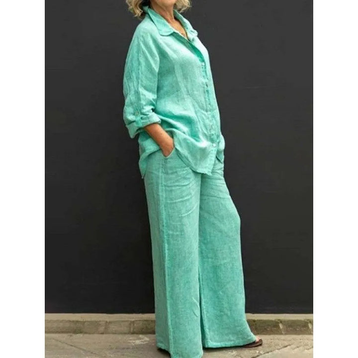 Casual chic women's two-piece set: button-up shirt with wide-leg pants. Perfect for spring/summer fashion.