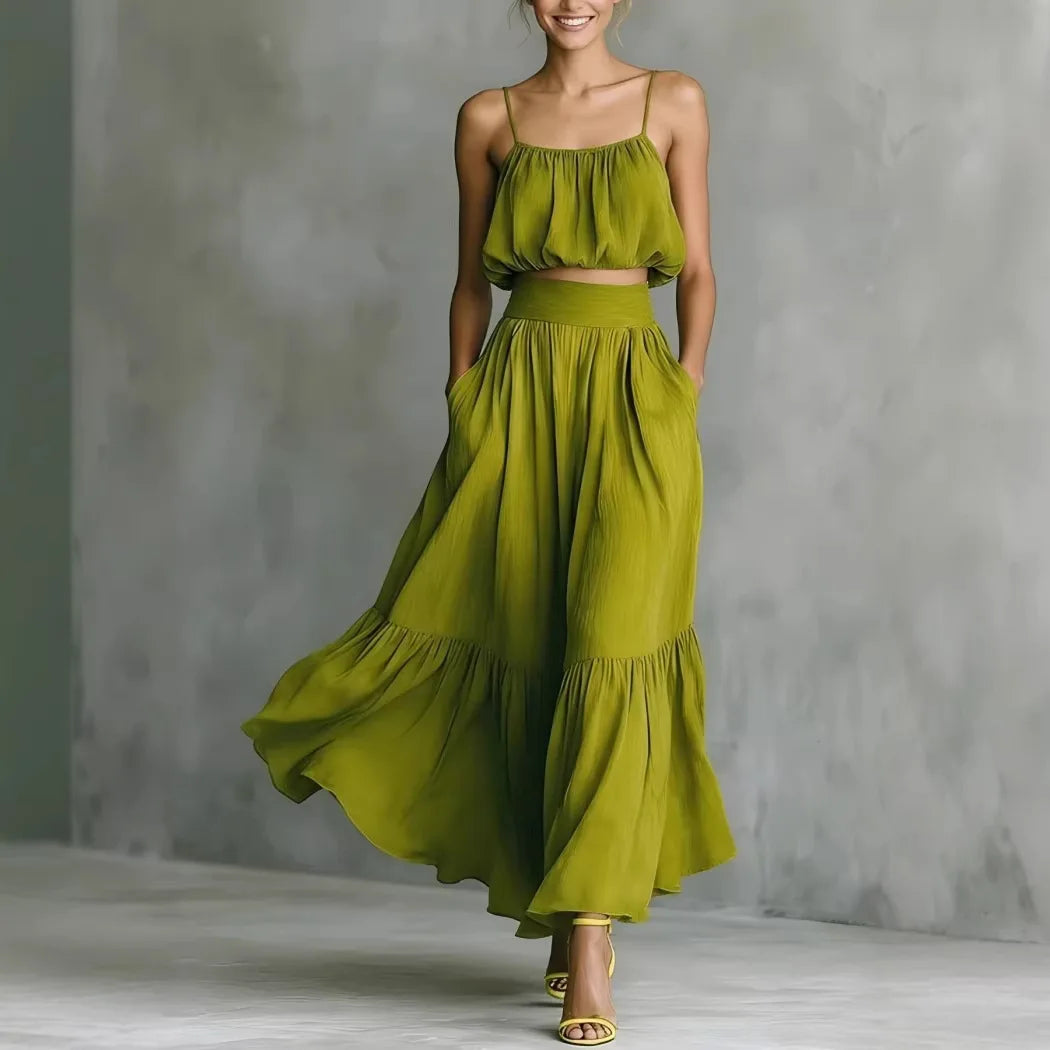 Women's two-piece crop top & ruffle hem maxi skirt set, perfect for beach holidays and summer vacations.