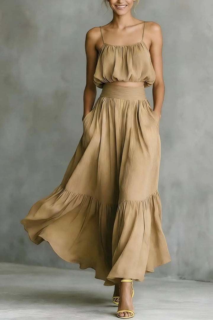 Women's spaghetti strap crop top & ruffle hem maxi skirt set, a stylish two-piece summer outfit for beach holidays.