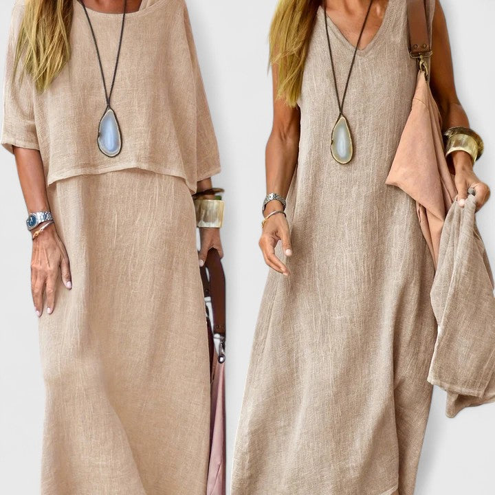Women's two-piece maxi dress set with a short sleeve top, perfect for versatile casual wear.
