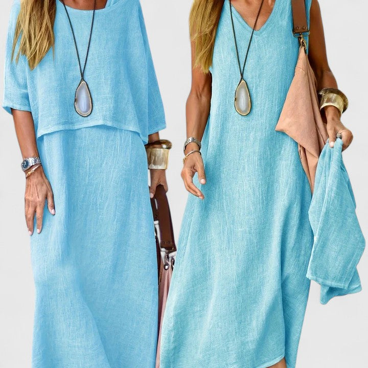 Comfortable women's two-piece maxi dress set with short sleeve top for everyday spring/summer style.