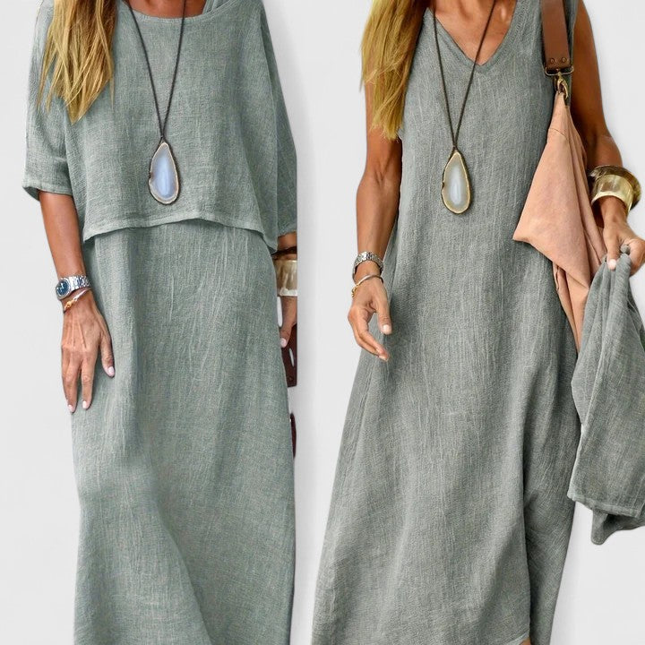Khaki women's two-piece maxi dress with short sleeve top, versatile for casual spring & summer outfits.