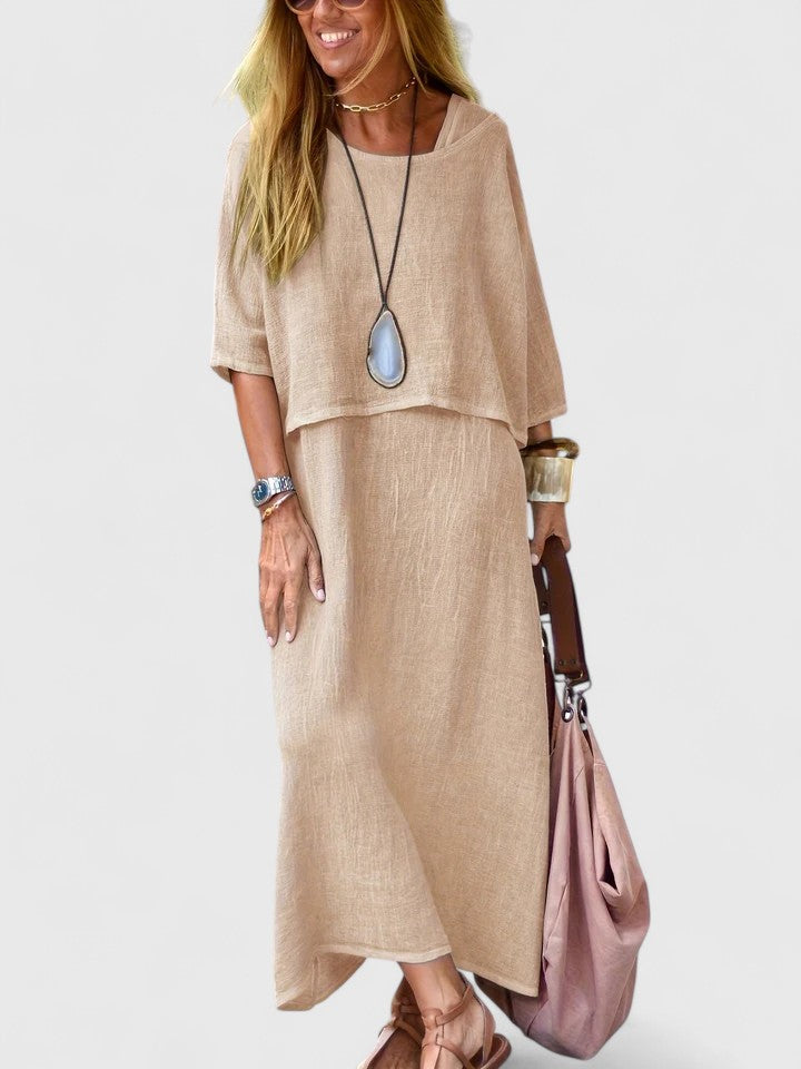 Grey women's two-piece maxi dress with short sleeve top, a versatile choice for spring and summer fashion.