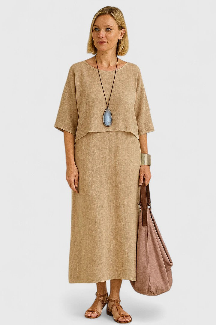 Casual women's two-piece maxi dress with a short sleeve top, perfect for summer outfits & everyday comfort.