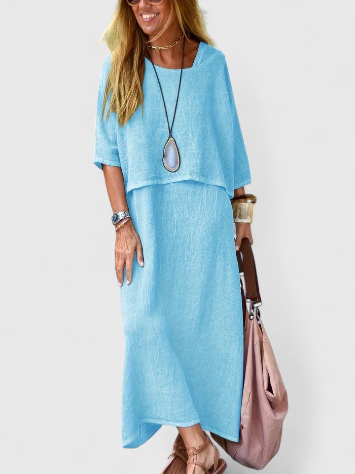 Versatile women's two-piece maxi dress and short sleeve top, ideal for spring fashion & comfortable wear.