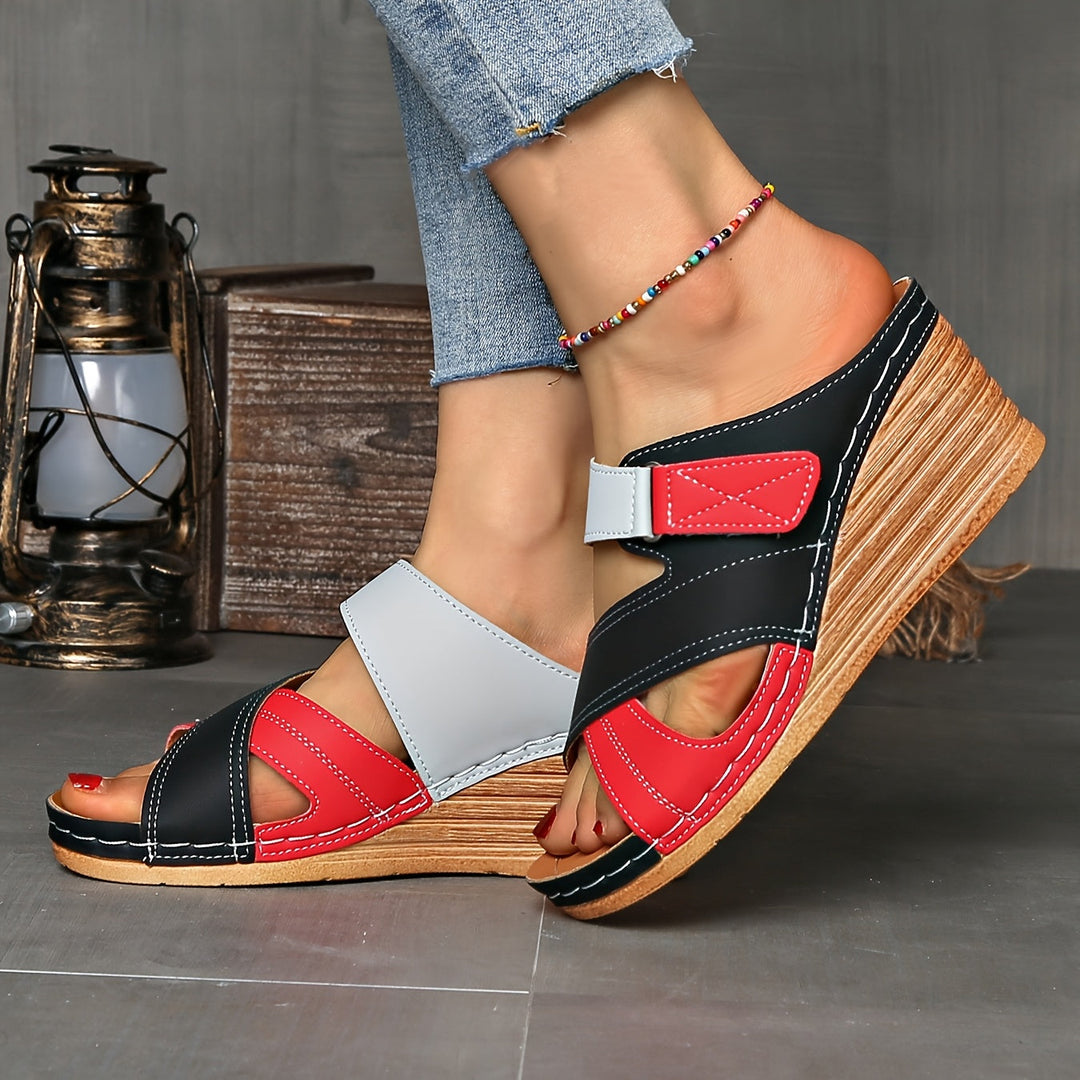 Open-toe two-tone wedge slides for women, offering effortless summer style and comfortable wear.