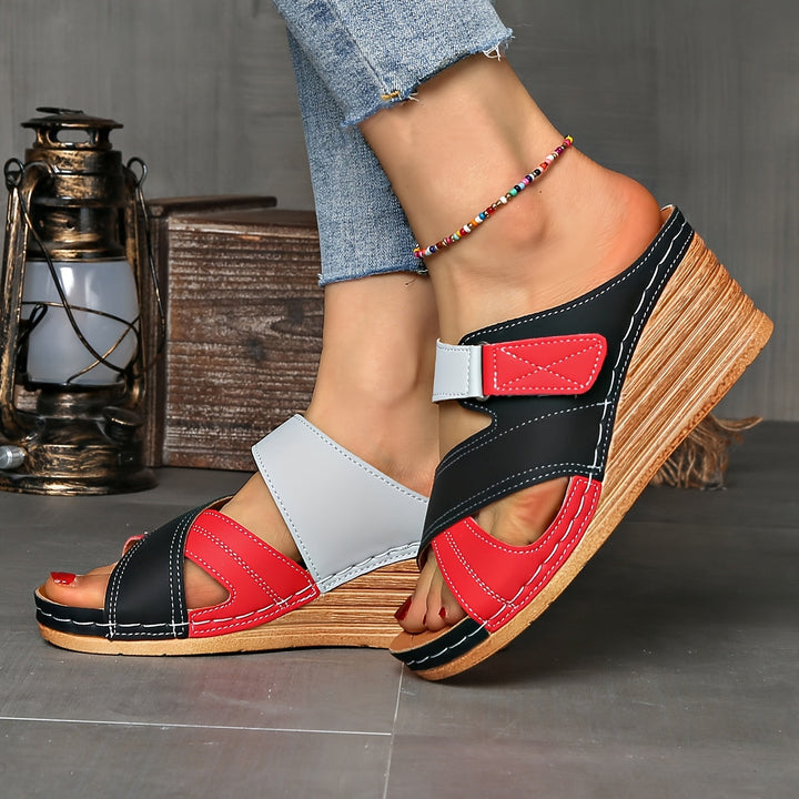 Open-toe two-tone wedge slides for women, offering effortless summer style and comfortable wear.