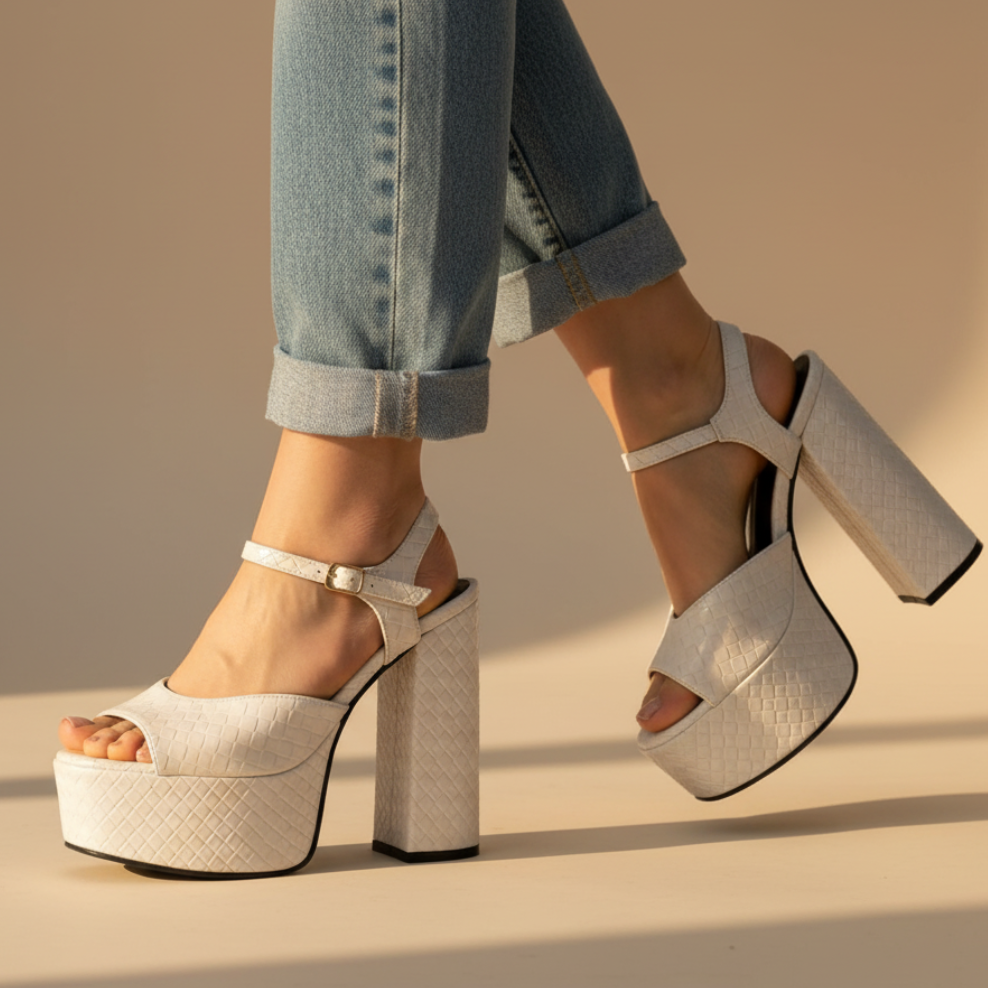 Women's ultra high block heel platform sandals with buckle strap.