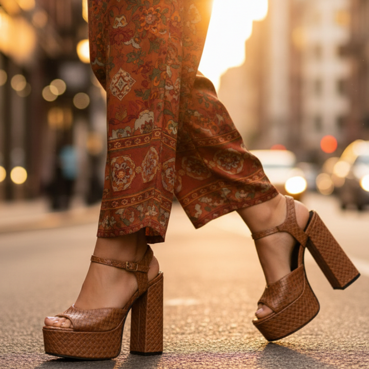 Woman wearing ultra high block heel platform sandals with buckle strap, fashion footwear.