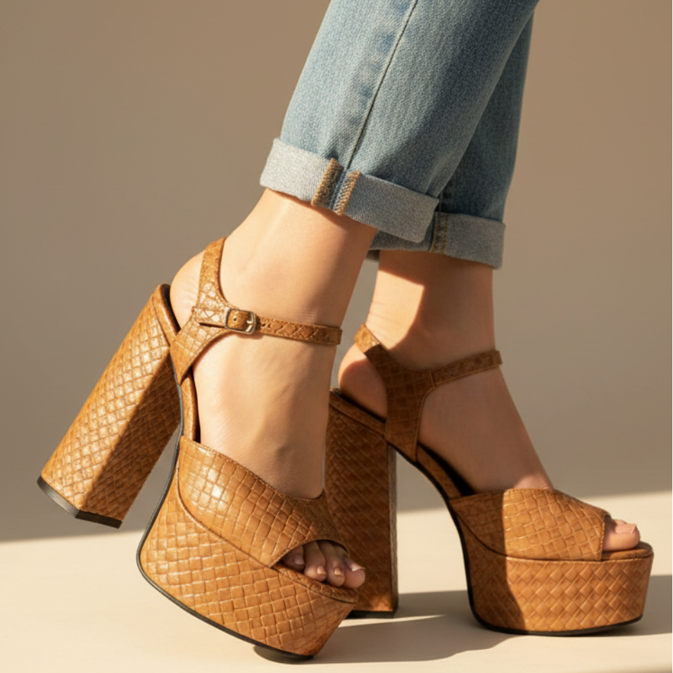 Stylish women's heeled platform sandals, ultra high chunky block heel, perfect for parties.