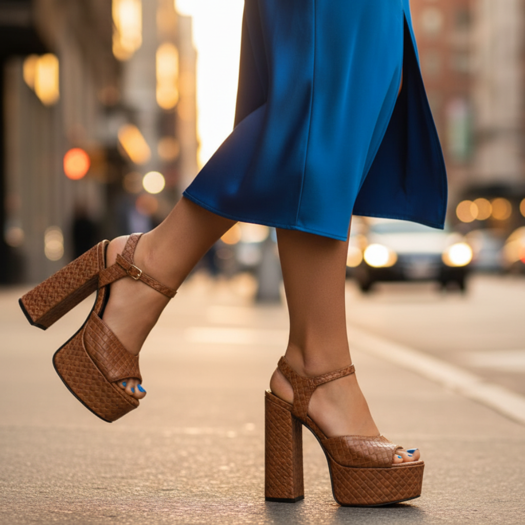 Modern women's platform sandals, ultra high block heel, open toe & chic buckle strap.