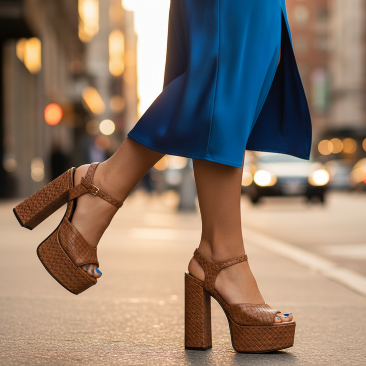 Modern women's platform sandals, ultra high block heel, open toe & chic buckle strap.