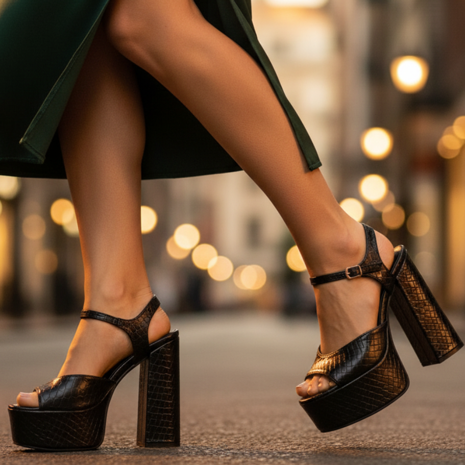 Full view of women's ultra high block heel platform sandals, featuring secure buckle strap design.