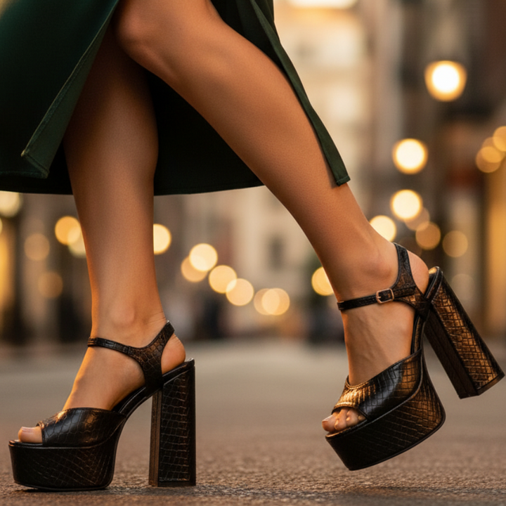 Full view of women's ultra high block heel platform sandals, featuring secure buckle strap design.