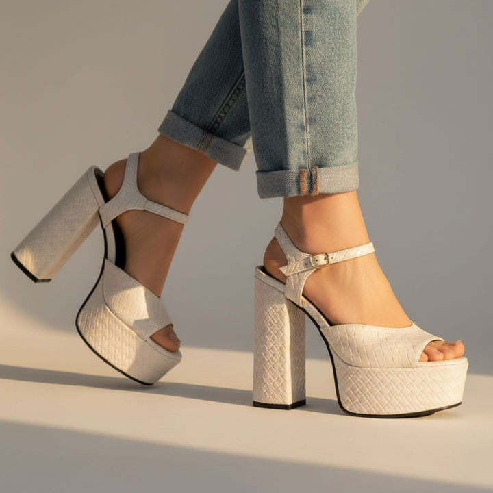 Fashion women's open toe platform sandals, ultra high block heel & secure buckle strap.