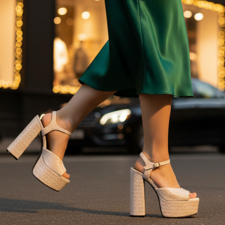 Women's chunky block heel platform sandals, ultra high design with ankle buckle strap.