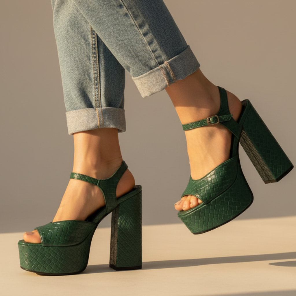 Side profile of women's ultra high block heel platform sandals, open toe & buckled ankle strap.
