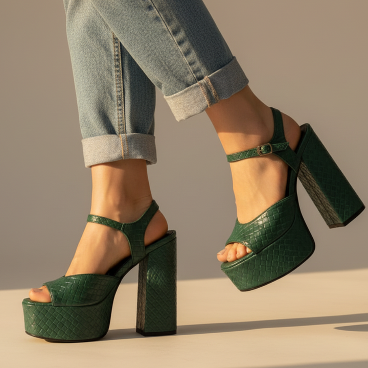 Side profile of women's ultra high block heel platform sandals, open toe & buckled ankle strap.
