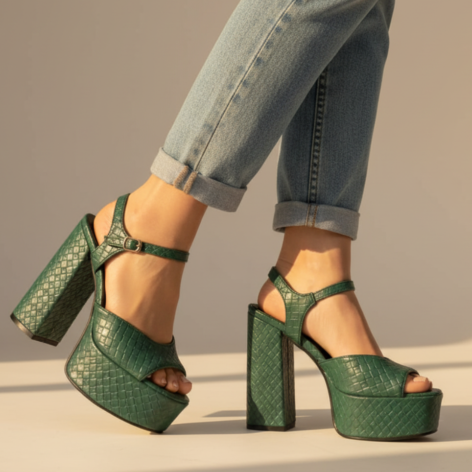 Front view of women's platform block heel sandals, ultra high design & stylish buckle strap.
