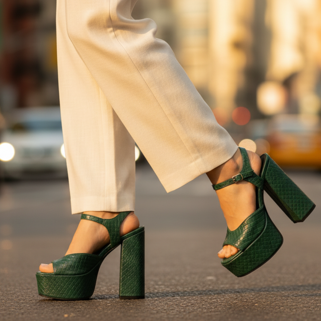 Rear view of women's high block heel platform sandals, showcasing chunky heel and design.