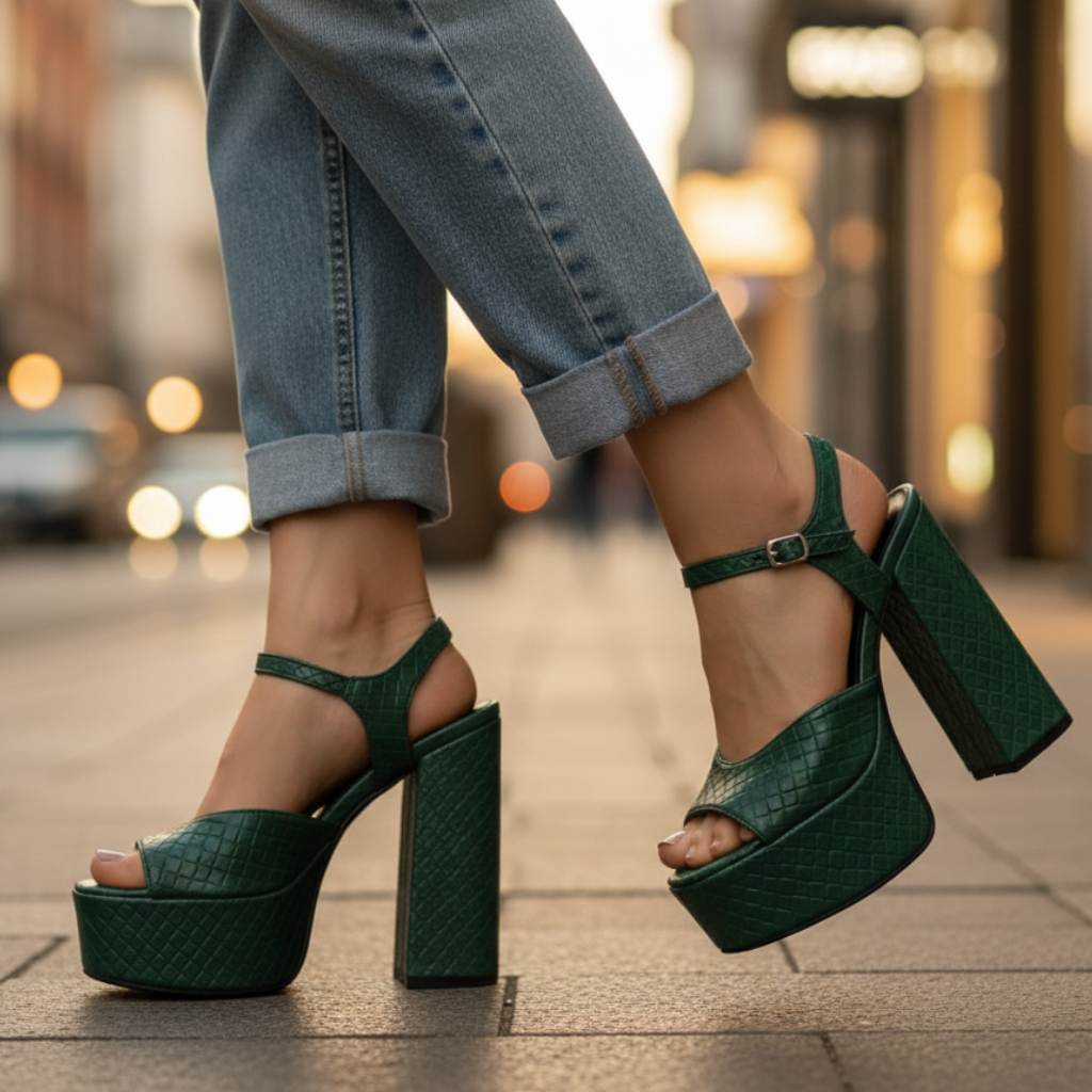 Close-up of buckle strap on women's ultra high block heel platform sandals, for secure fit.
