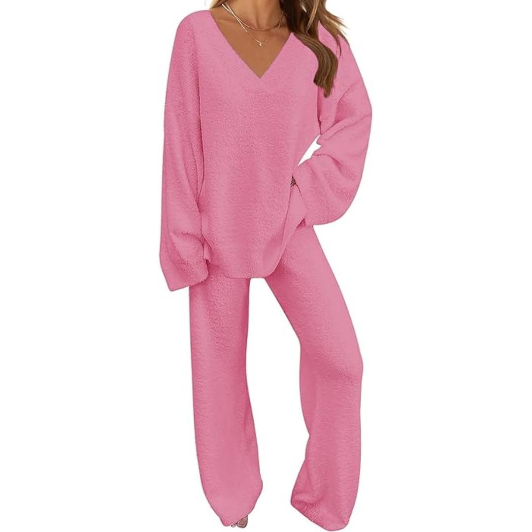 Beige women's fleece lounge set, featuring a cozy long sleeve top and wide leg pants. Ideal casual wear.