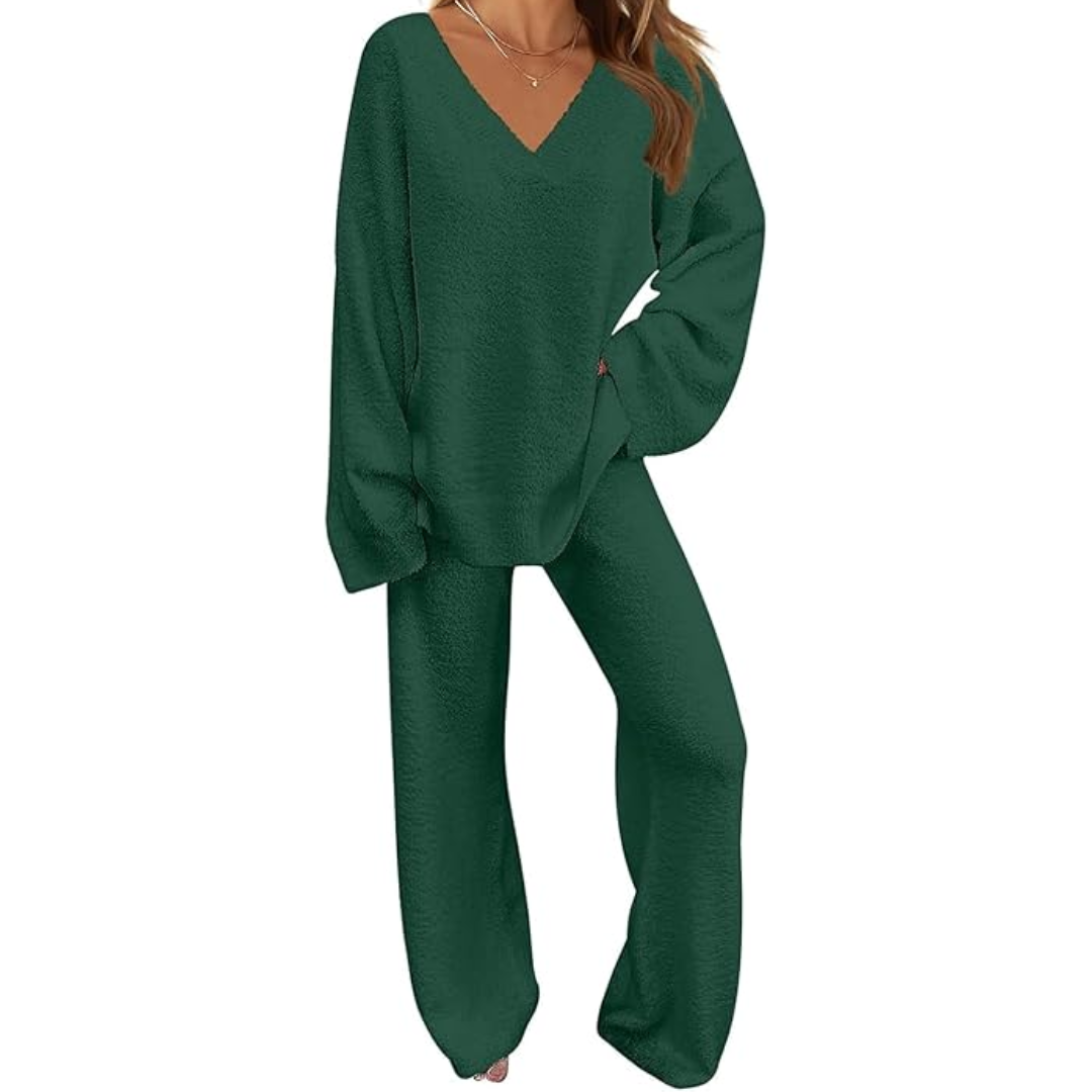 Blue cozy fleece lounge set for women. Long sleeve top and wide leg pants for sleepwear or casual use.