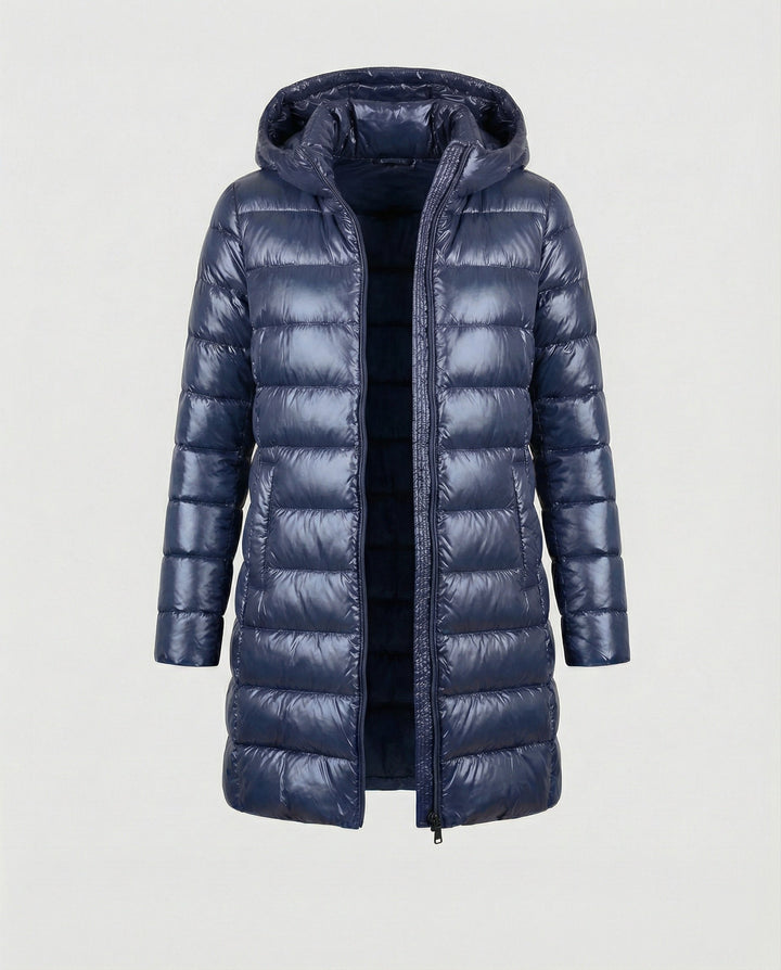 Warm women's ultralight hooded jacket, wind resistant, perfect as a fall or winter layer.