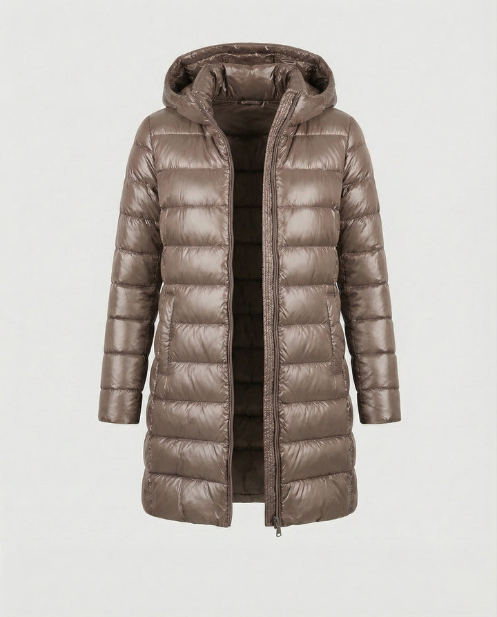 Women's insulated hooded jacket, lightweight & packable for hiking, camping, or daily use.