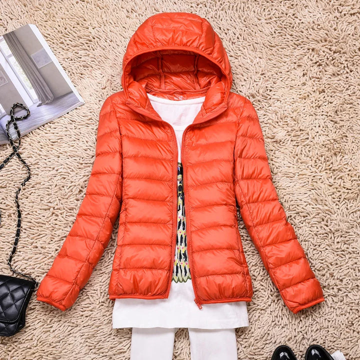Stylish women's ultralight outerwear, a warm hooded jacket for fall & winter.