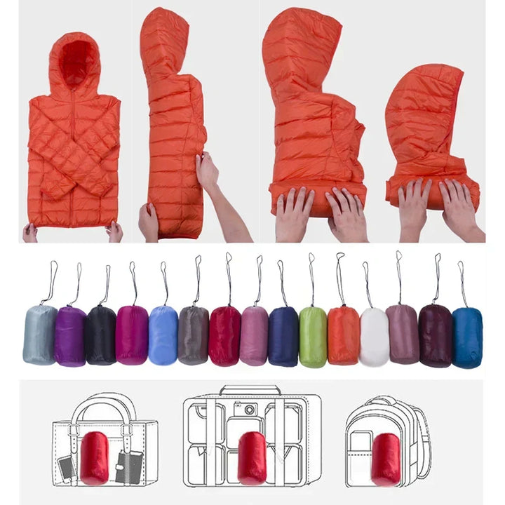 Stylish women's packable insulated jacket, ideal lightweight outerwear for travel.