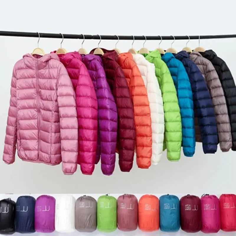 Warm women's hooded jacket, ultralight insulation for versatile fall & winter fashion.