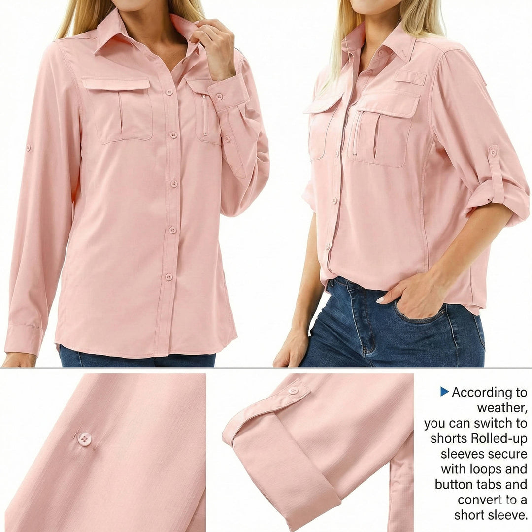 Sun protective long sleeve safari shirt for women. Perfect for hiking, fishing, and outdoor travel.