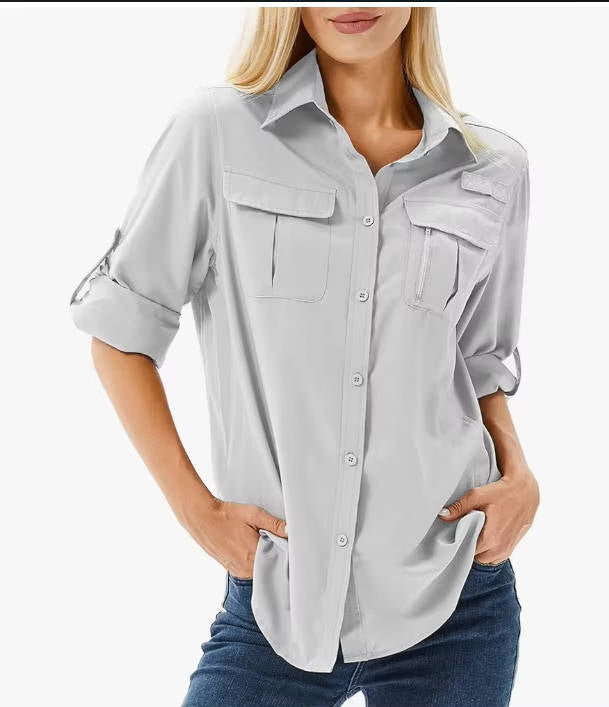 Stylish women's UV protection shirt. Lightweight long sleeve safari top for hiking & adventure wear.