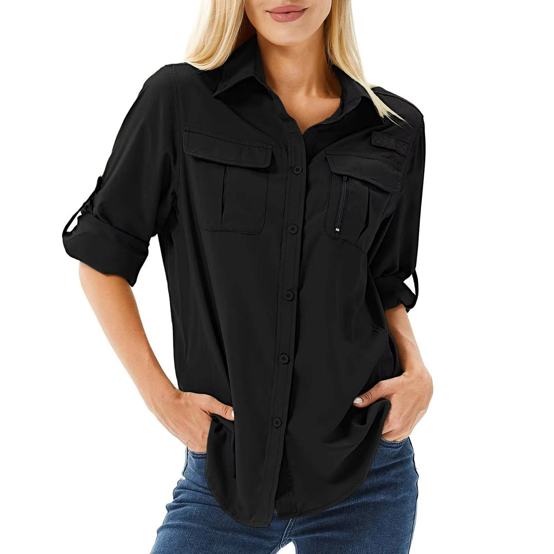 Adventure-ready women's UV protective long sleeve shirt. Great for safari, hiking, fishing & travel.