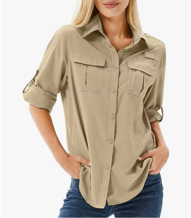 Women's sun protective long sleeve top, great for hiking, fishing, safari, and outdoor travel.