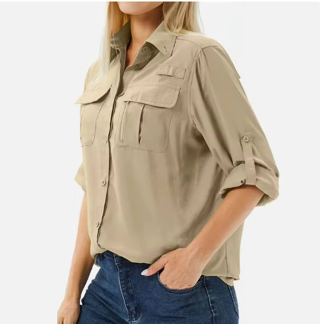 Lightweight women's safari shirt with UV protection. A long sleeve travel shirt for outdoor adventures.