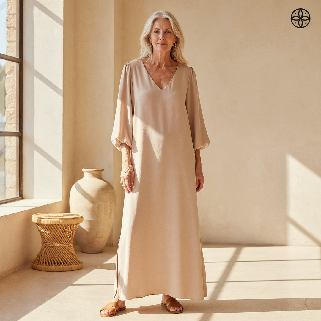 Women's V-neck balloon sleeve flowy maxi dress, casual and comfortable, perfect for summer everyday wear.