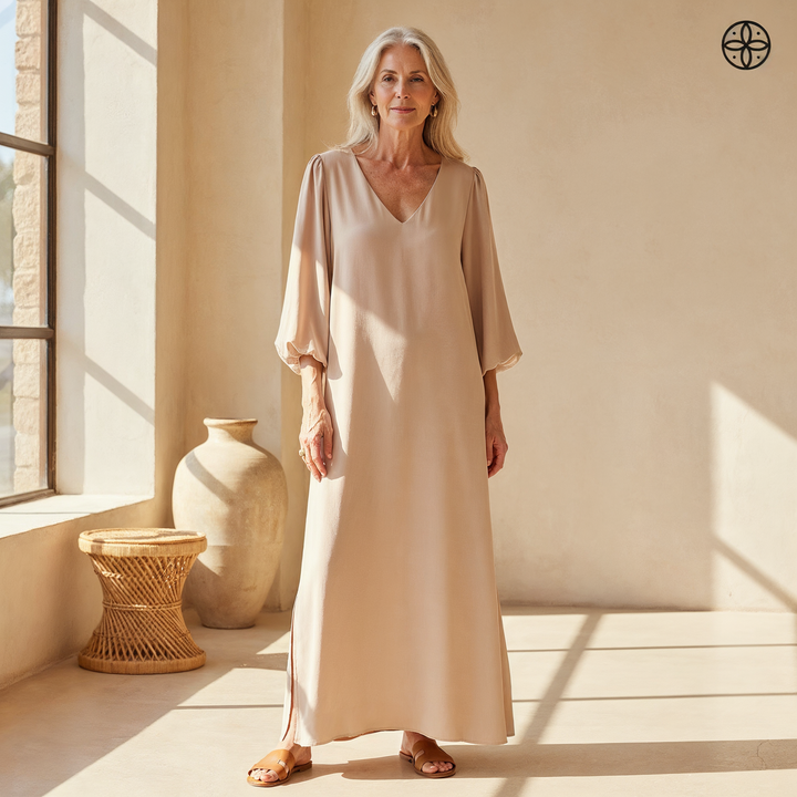 Women's V-neck balloon sleeve flowy maxi dress, casual and comfortable, perfect for summer everyday wear.