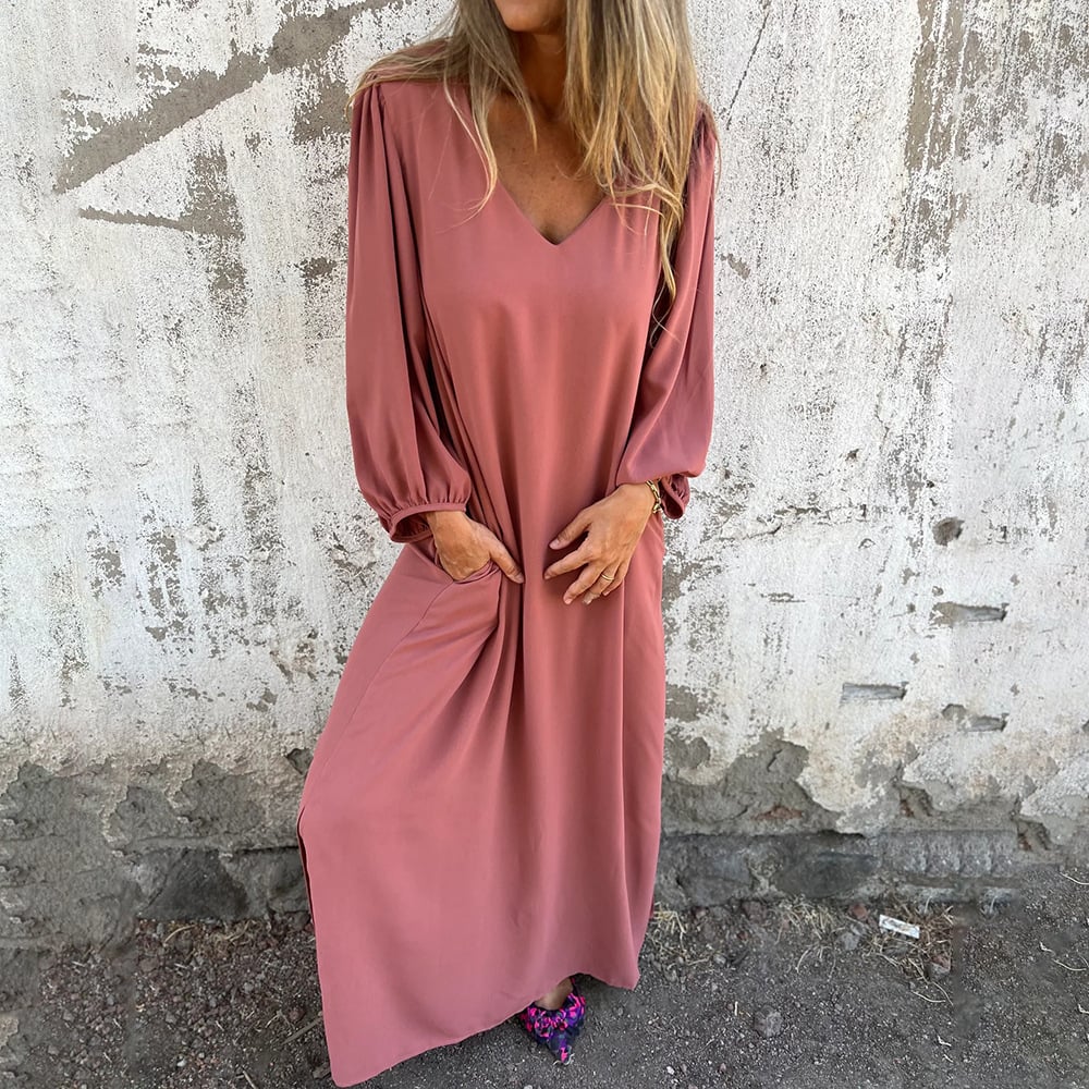 Summer-ready V-neck maxi dress for women with trendy balloon sleeves, flowy and comfortable for casual elegance.