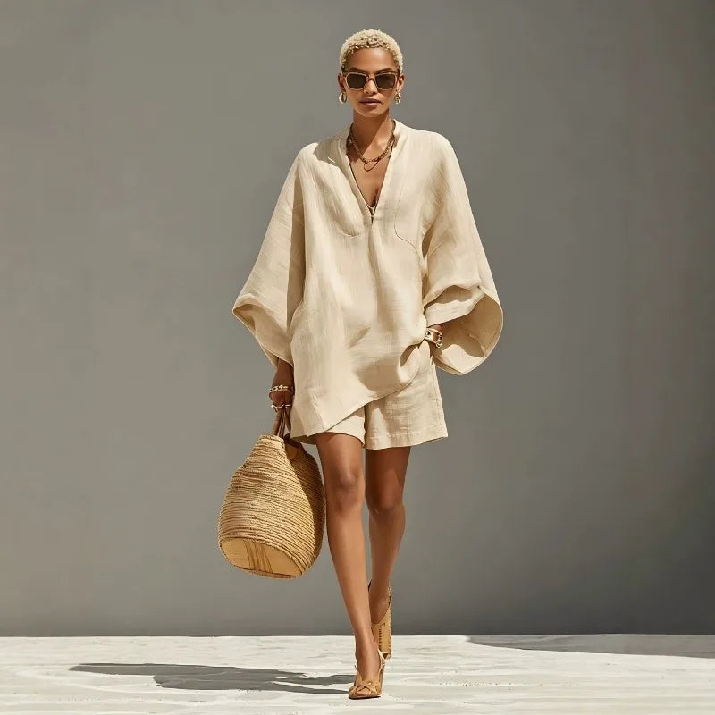 Women's V-neck batwing sleeve matching shorts set. Casual two-piece loungewear for summer, relaxed fit.