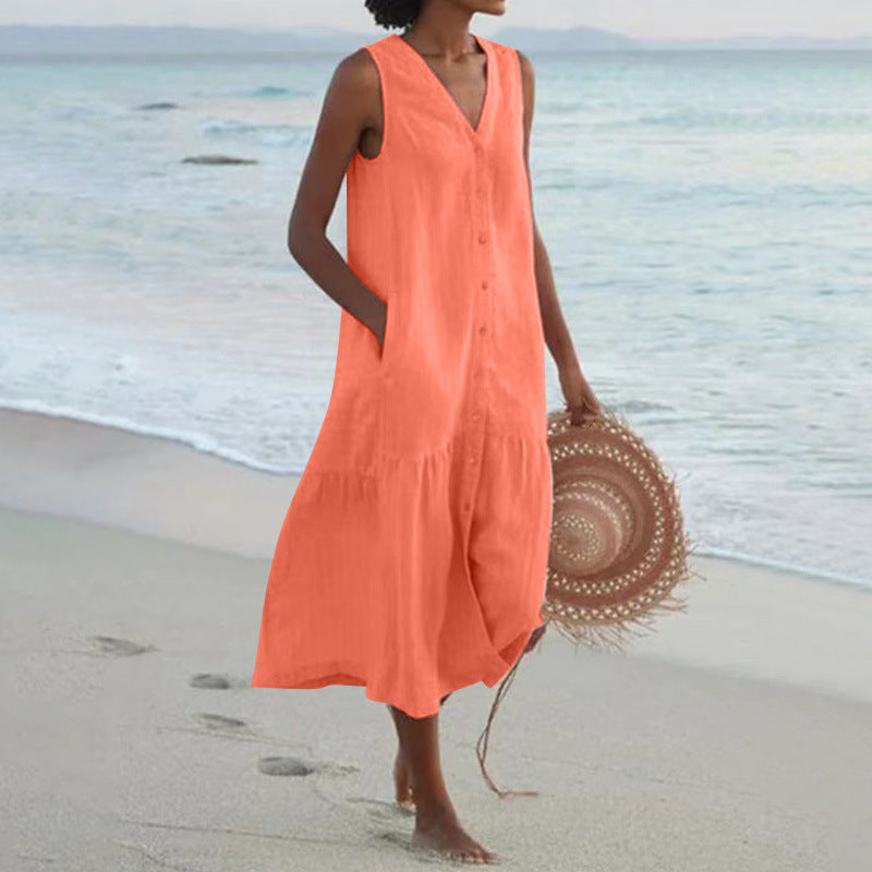 Summer casual women's V-neck button front midi dress. Relaxed fit, tiered design, ideal for vacation.